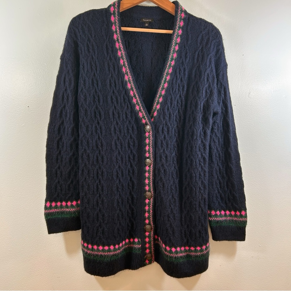 Talbots Cardigan Navy Pink Cable Knit Preppy Collegiate